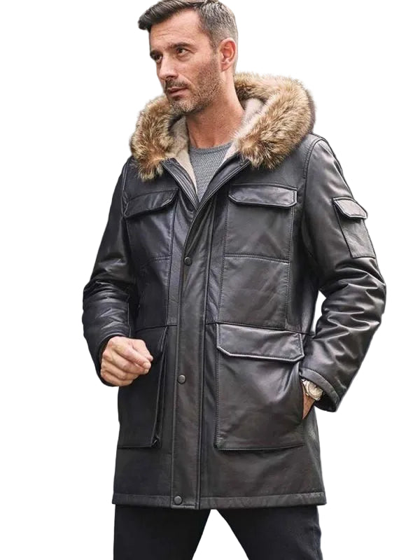 Mink Coat Long Winter Overcoat Black Leather Parkas Fur Outwear