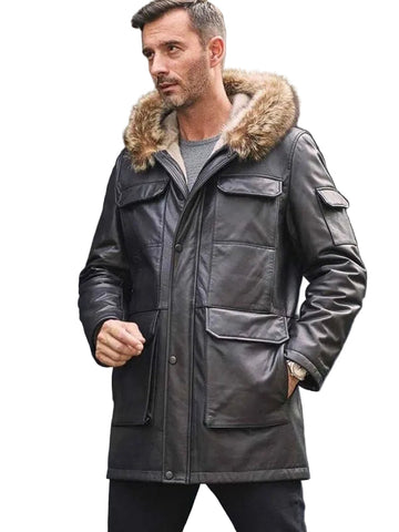 Mink Coat Long Winter Overcoat Black Leather Parkas Fur Outwear