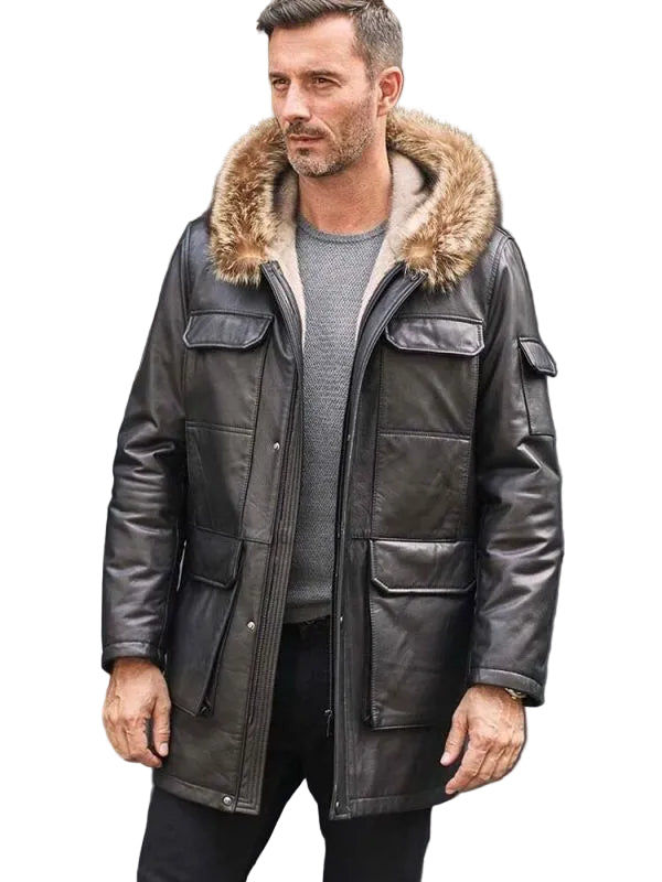 Mink Coat Long Winter Overcoat Black Leather Parkas Fur Outwear