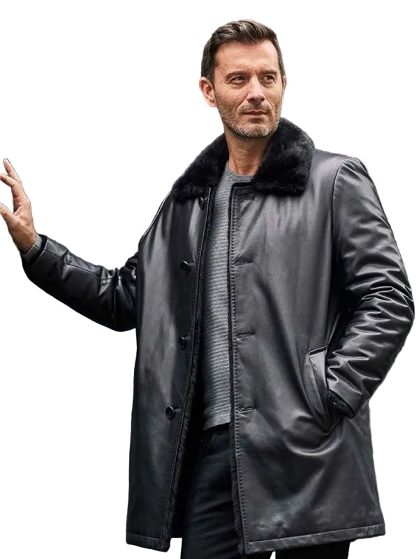 Mink Fur Coat Long Fur Outwear Black Leather Overcoat