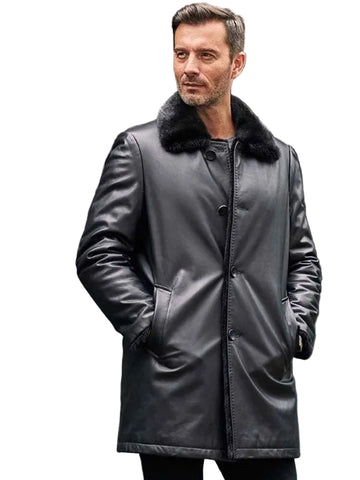 Mink Fur Coat Long Fur Outwear Black Leather Overcoat