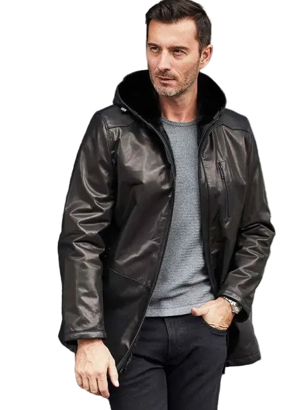 Mink Fur Overcoat Oversize Winter Outwear Long Black Leather Jacket