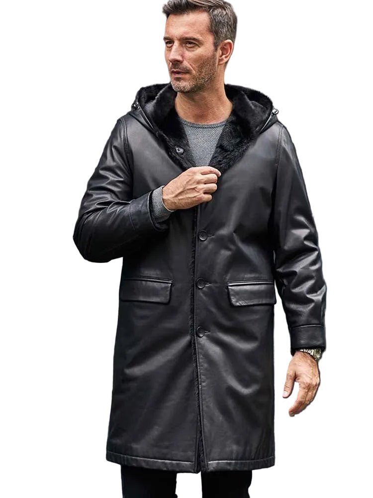Mink Overcoat Long Fur Parkas Black Leather Jacket