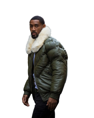 Money green leather bomber jacket with removable fur collar
