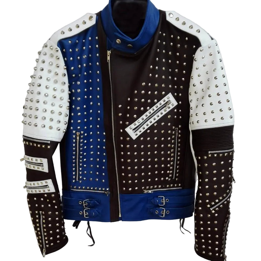 Multi Color Full Studded Biker Leather Jacket with Adjustable Waist Belted Strap