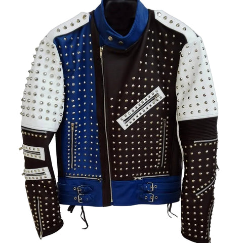 Multi Color Full Studded Biker Leather Jacket with Adjustable Waist Belted Strap