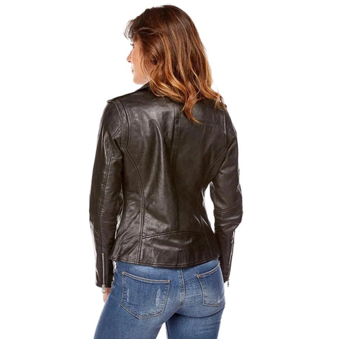 women's black lambskin leather biker jacket camille side angle