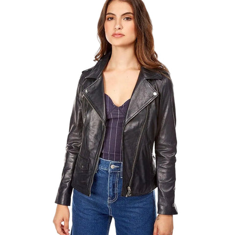 women's black lambskin leather biker jacket camille back view