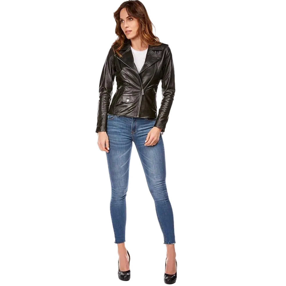 women's black lambskin leather biker jacket camille detail close up