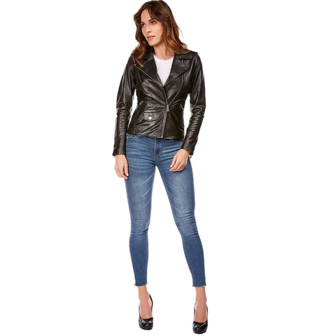 women's black lambskin leather biker jacket camille detail close up