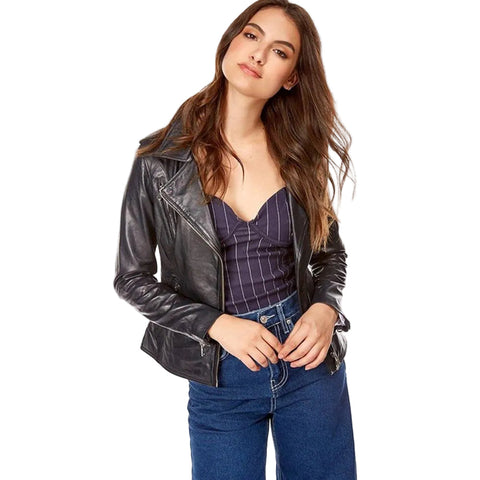 women's black lambskin leather biker jacket camille front view