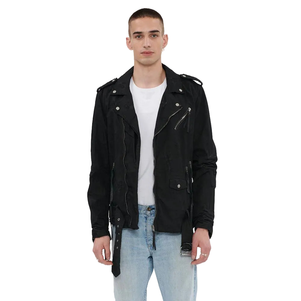 men's black lambskin leather biker jacket marlow side angle