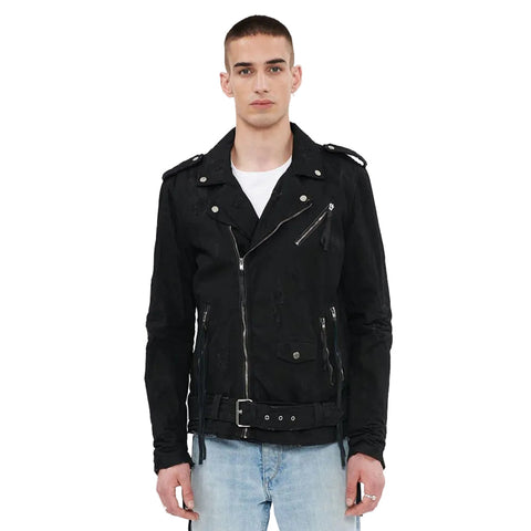 men's black lambskin leather biker jacket marlow detail close up