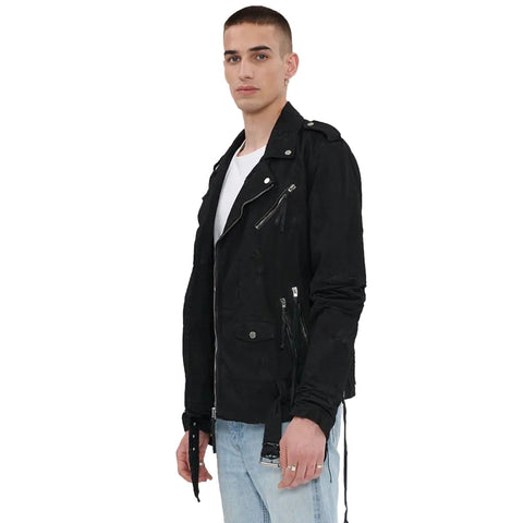 men's black lambskin leather biker jacket marlow front view