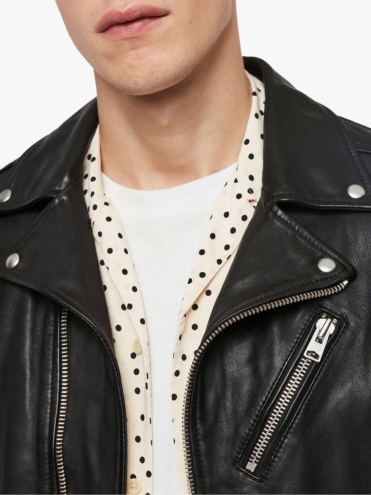 men's black leather biker jacket valen detail close up