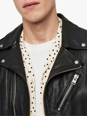 men's black leather biker jacket valen detail close up