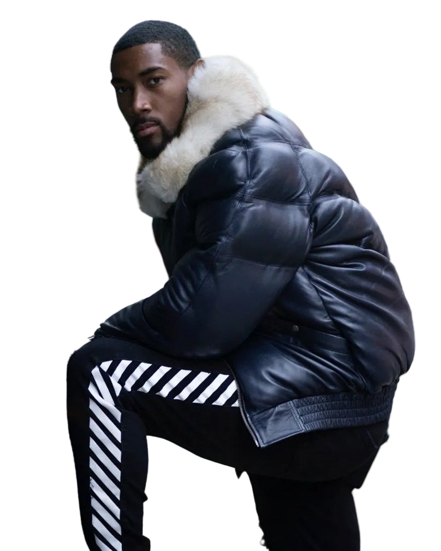 Navy leather bomber jacket with removable fur collar
