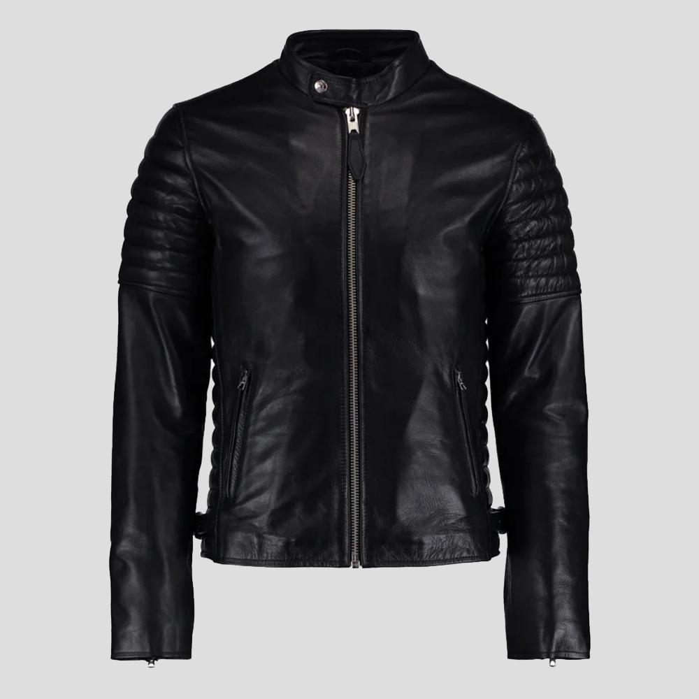 men's black quilted lambskin leather biker jacket dorian side angle