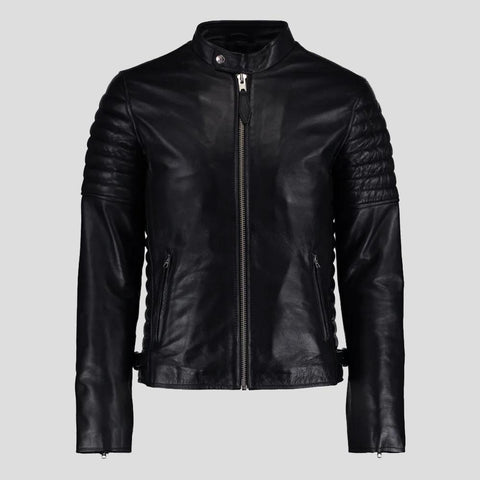 men's black quilted lambskin leather biker jacket dorian side angle
