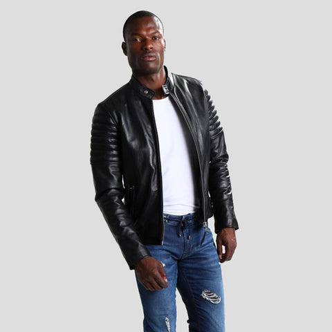 men's black quilted lambskin leather biker jacket dorian back view