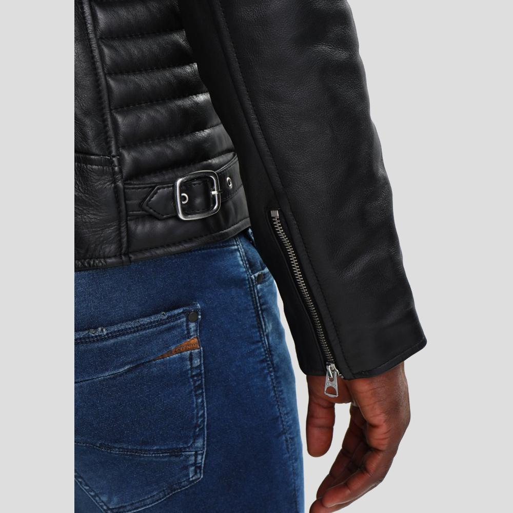 men's black quilted lambskin leather biker jacket dorian texture detail