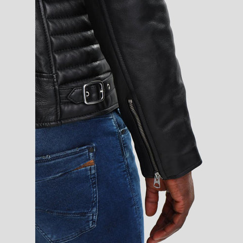 men's black quilted lambskin leather biker jacket dorian texture detail