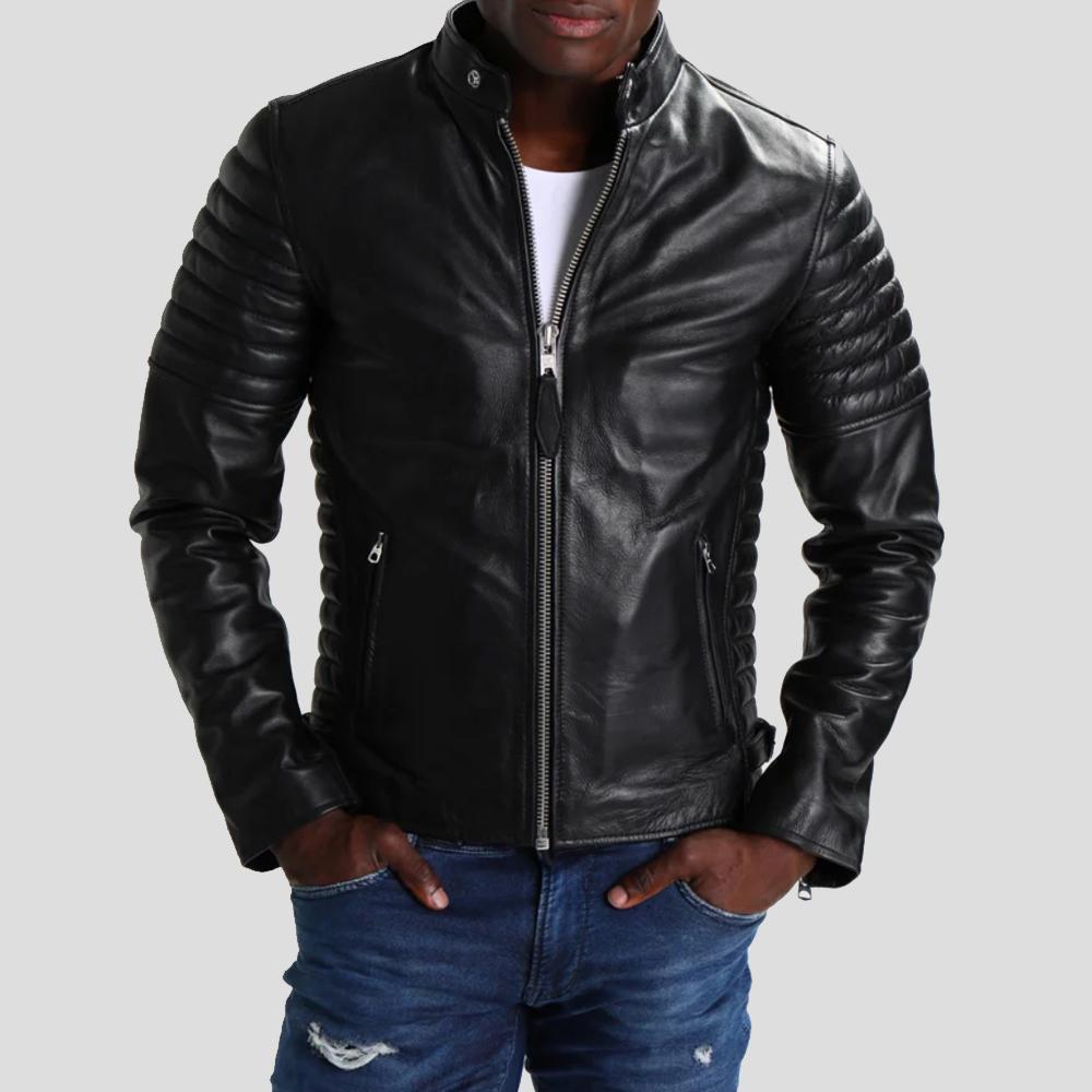 men's black quilted lambskin leather biker jacket dorian front view