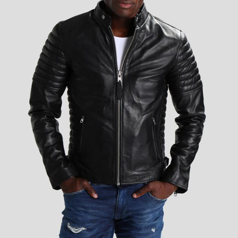 men's black quilted lambskin leather biker jacket dorian front view