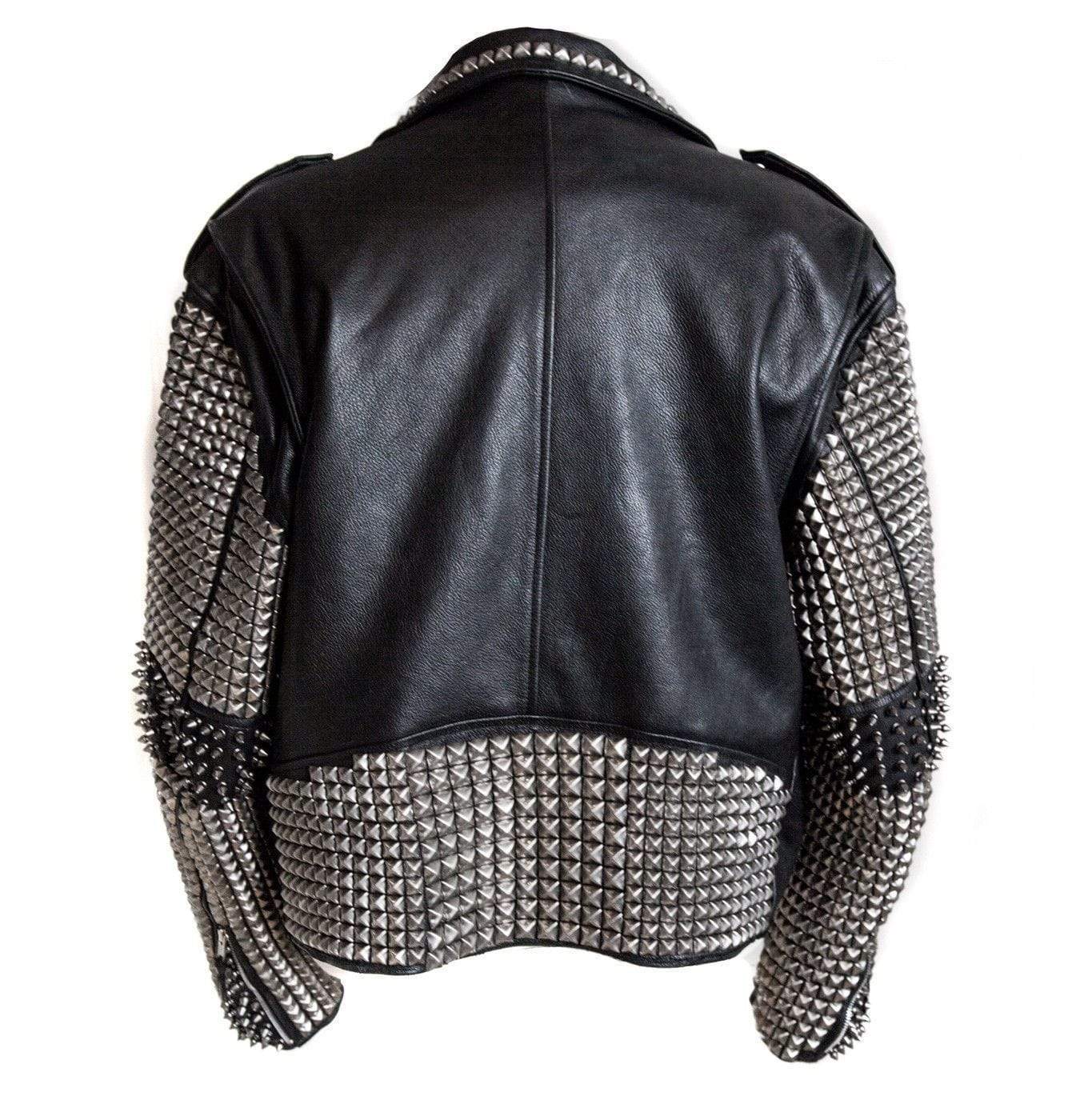 • silver spike leather jacket detail close up
