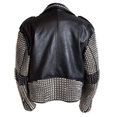 • silver spike leather jacket detail close up
