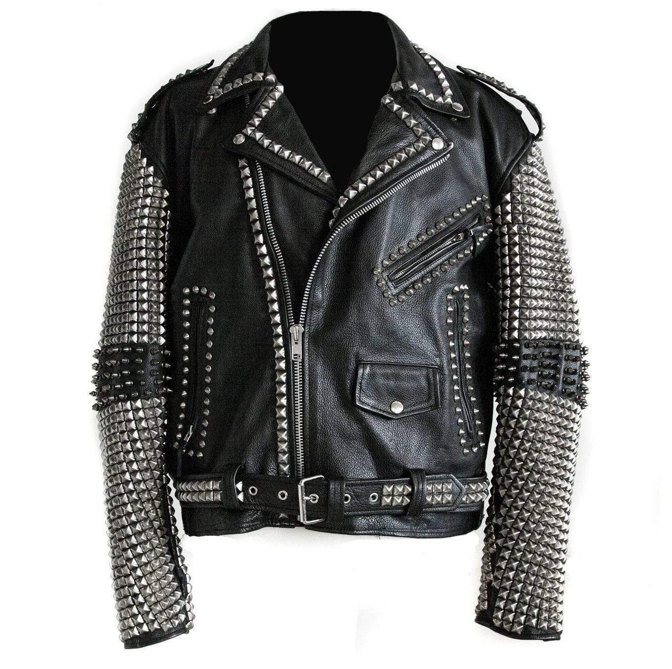 • black punk studded leather jacket mens front view
