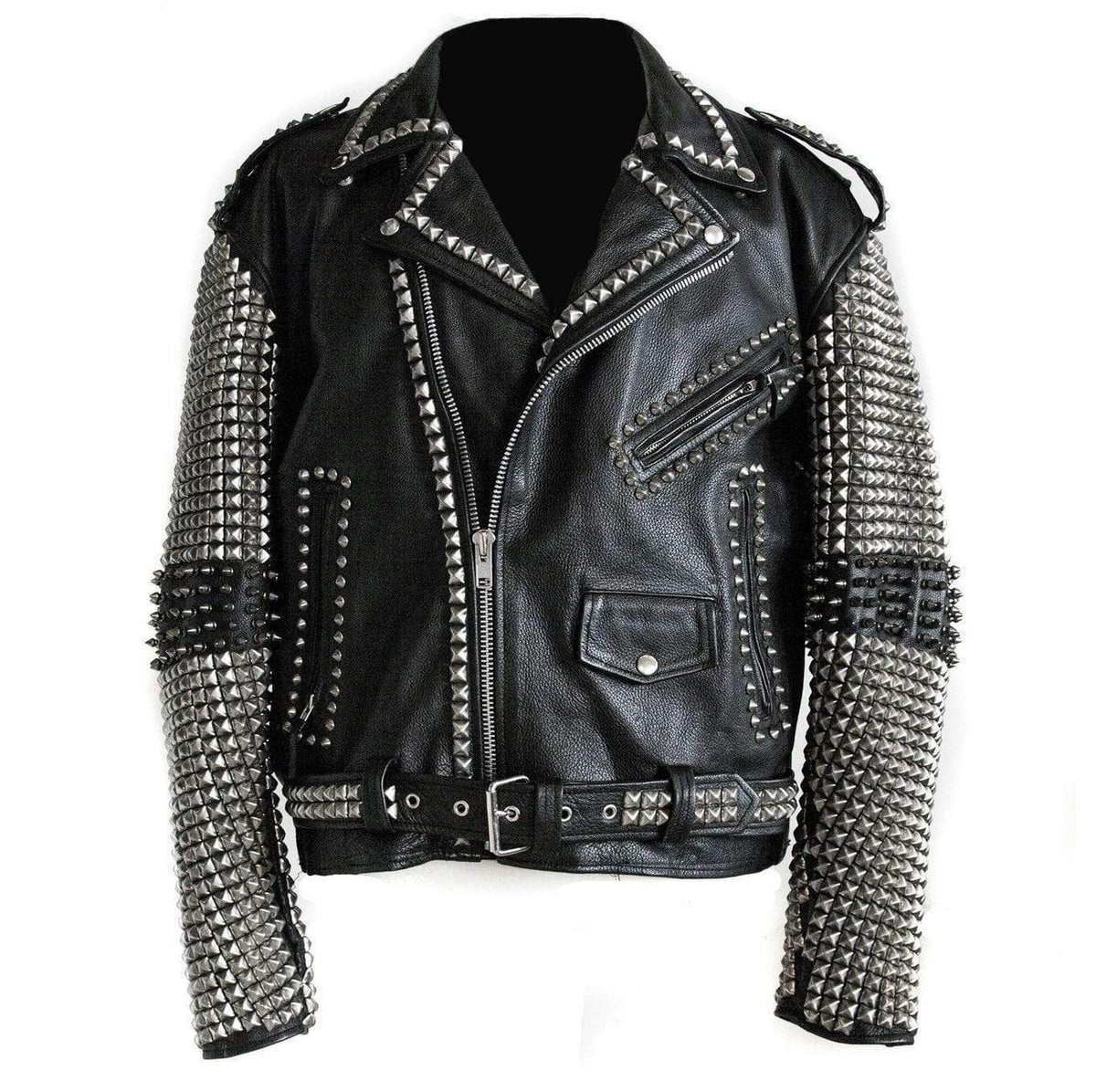 • black punk studded leather jacket mens front view
