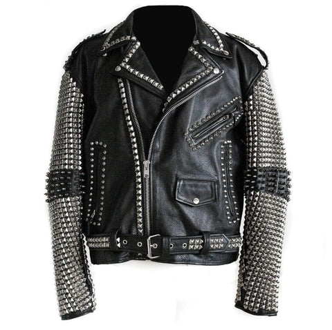 • black punk studded leather jacket mens front view
