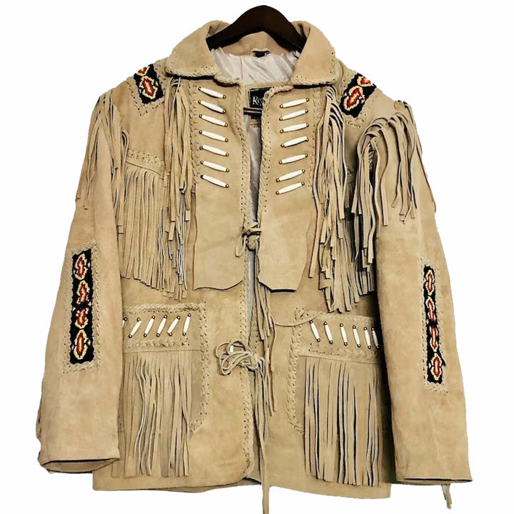 New Men's Native American Suede Leather Jacket With Fringe And Beads Coat - AMSEL LEATHERS