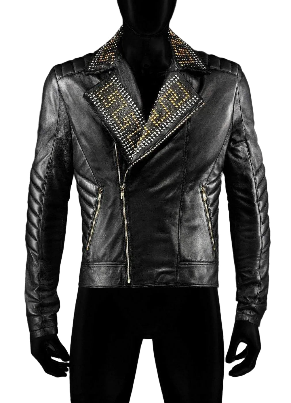 • black gold silver studded leather jacket mens front view
