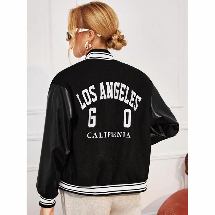 New Women's Black Bomber Varsity Jacket - AMSEL LEATHERS