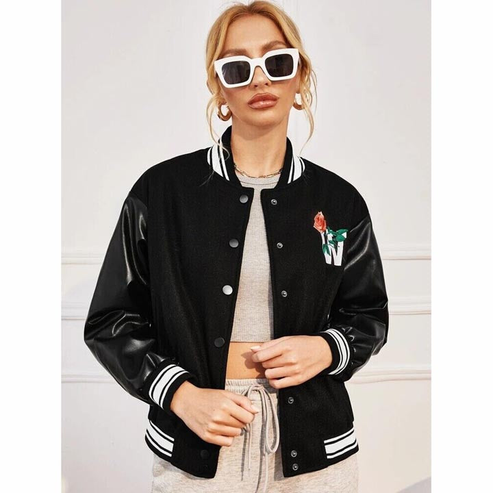 New Women's Black Bomber Varsity Jacket - AMSEL LEATHERS