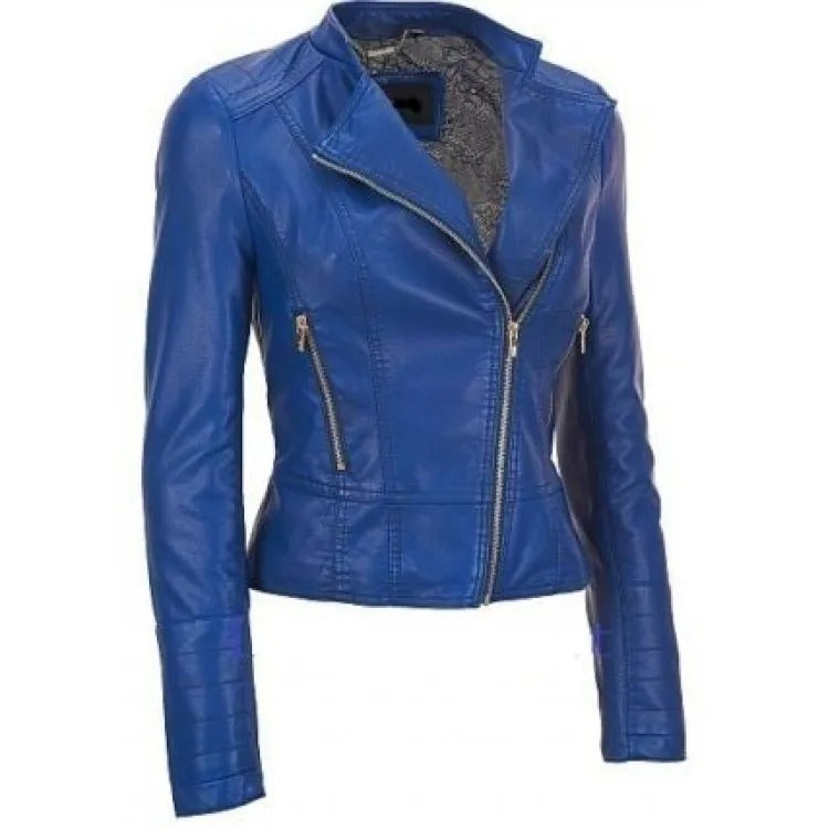 New Women's Blue Leather Motorcycle Jacket - AMSEL LEATHERS