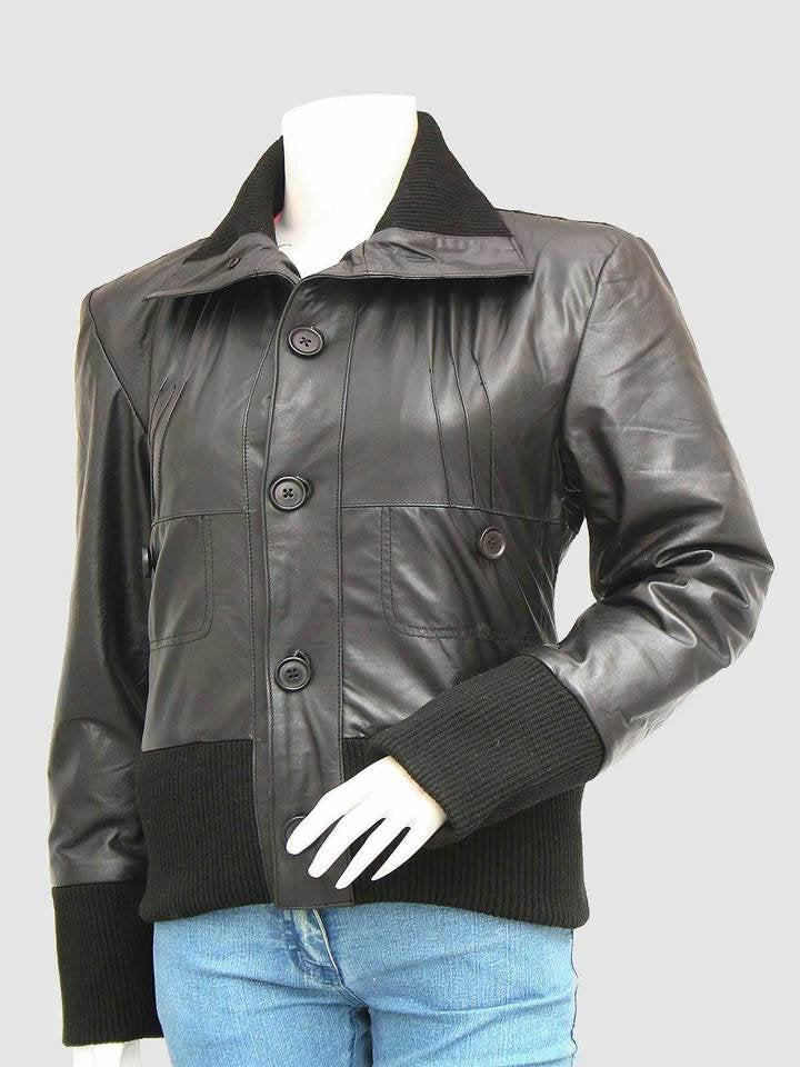 New Look Women's Black Leather Bomber Jacket - AMSEL LEATHERS