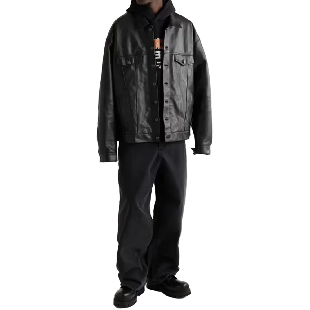 New Mens Army Black Suede Shearling Leather Trucker Jacket