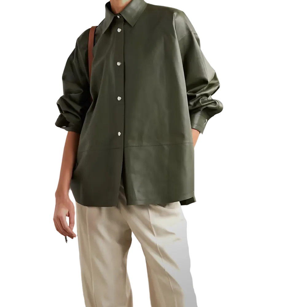 New Women's Green Soft Smart Collar Leather Shirt