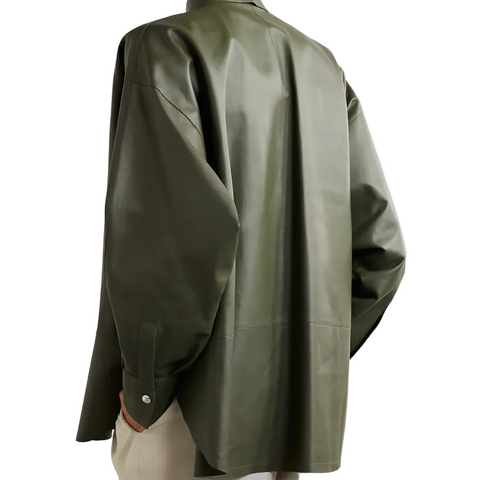 New Women's Green Soft Smart Collar Leather Shirt