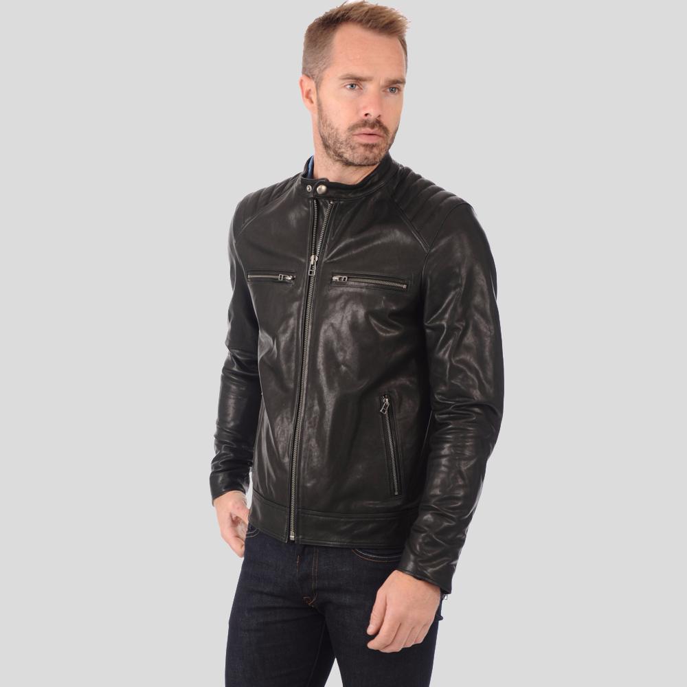 men's black quilted lambskin leather racer jacket varek side angle