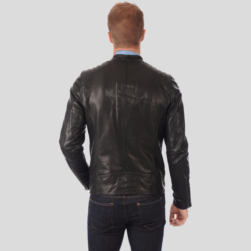 men's black quilted lambskin leather racer jacket varek back view