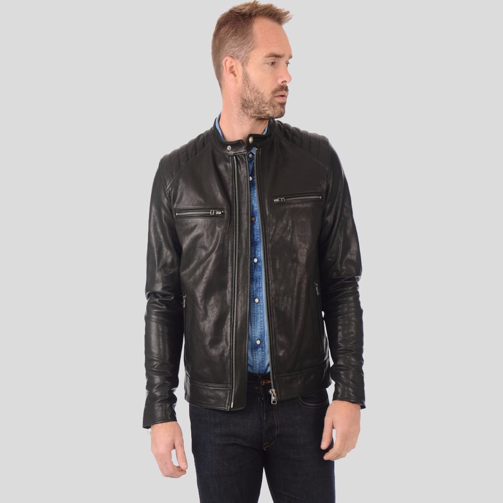 men's black quilted lambskin leather racer jacket varek front view