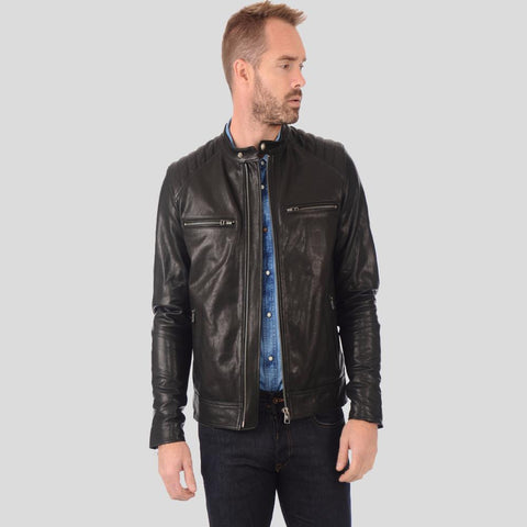 men's black quilted lambskin leather racer jacket varek front view
