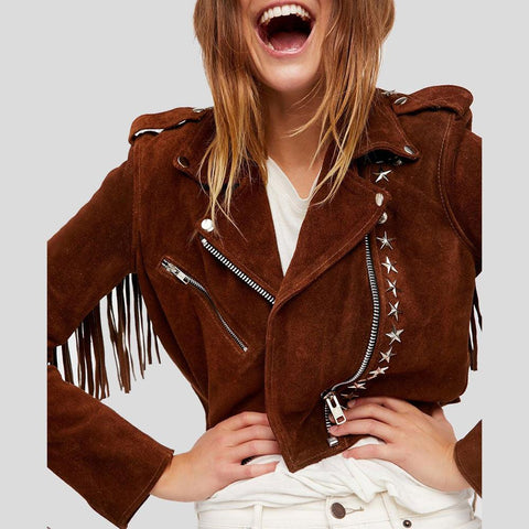 women's brown studded lambskin suede jacket elara front view