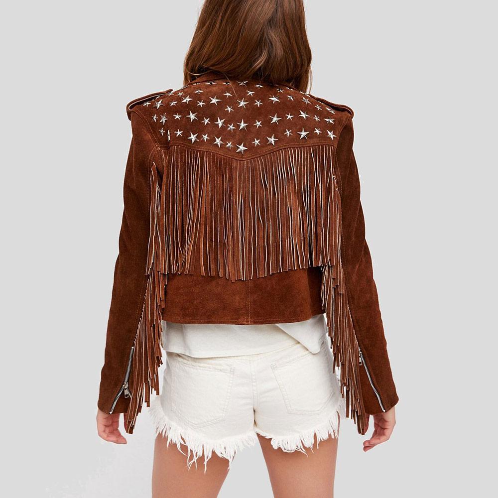 women's brown studded lambskin suede jacket elara side angle