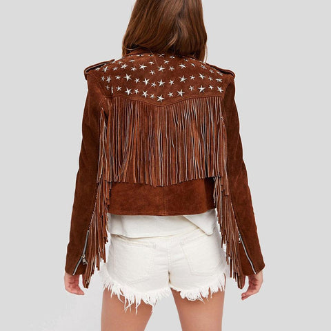 women's brown studded lambskin suede jacket elara side angle