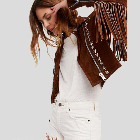 women's brown studded lambskin suede jacket elara back view
